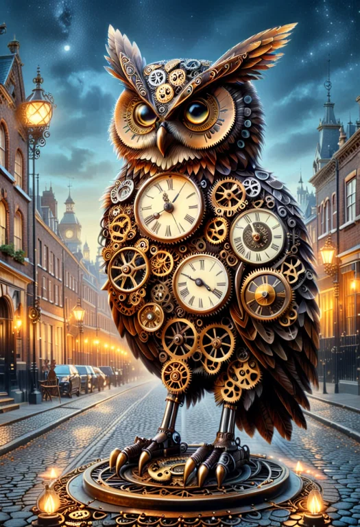 A Full-body Shot Of A Majestic Steampunk Owl Perched On An O...