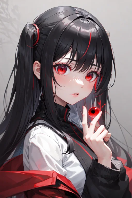 1girl, Shaded Face, Looking At Viewer, Black Hair, Red Red E...