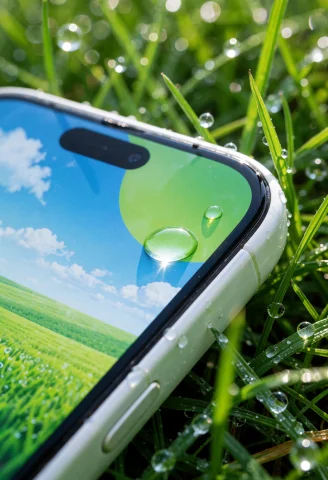 Frutiger Aero, Close-up Of A Glossy White Smartphone With Ro... — Stable Diffusion AI Prompt: frutiger aero, close-up of a glossy white smartphone with rounded edges lying on...