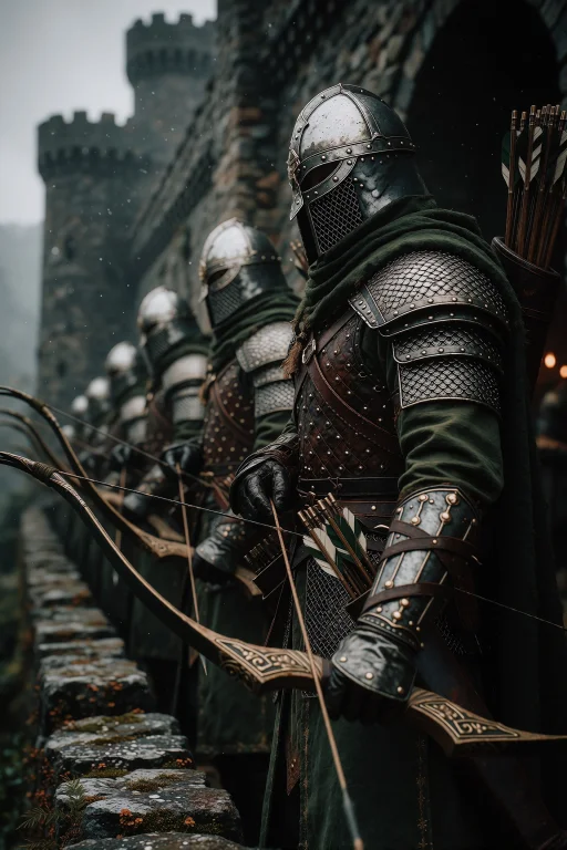 A Line Of Medieval Archers Standing In Formation Along A Sto...