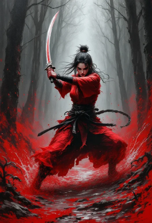 Red Forest, Oil Painting, Heavy Impasto Technique, Red Blood...