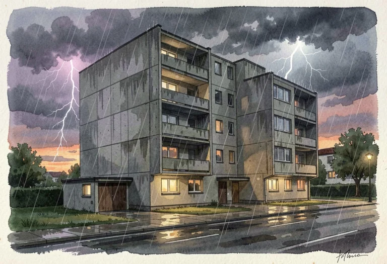 A Brutalist Concrete Housing Block At Dusk, Watercolor Paint...