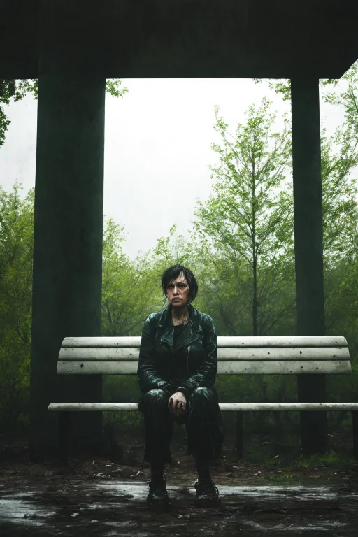 A Sad Looking Woman Sitting On A Bench In A Abandoned City P...