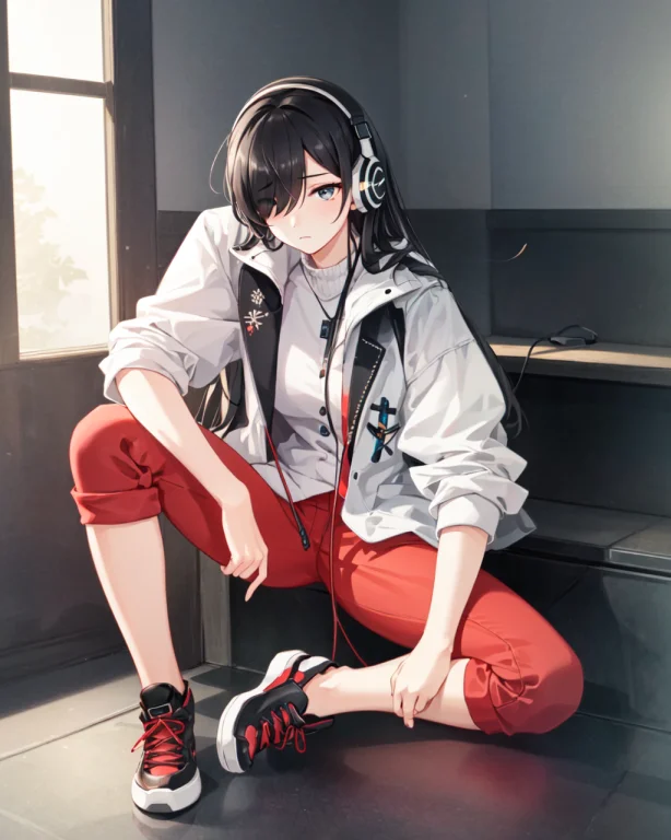 Solo, 1girl, Expressionless, Sitting, Black Hair, Hair Over...