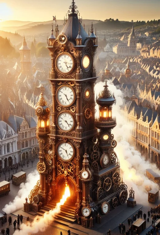 A Majestic Steampunk Clock Tower Standing In The Center Of A...