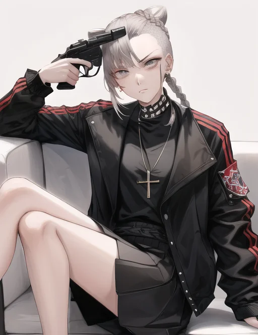 Stern Apathetic Girl Wearing Black Gangster-style Clothes Wi...