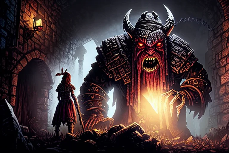 Digital Painting Of A Monstrous Beast In A Dungeon, Darkestd...