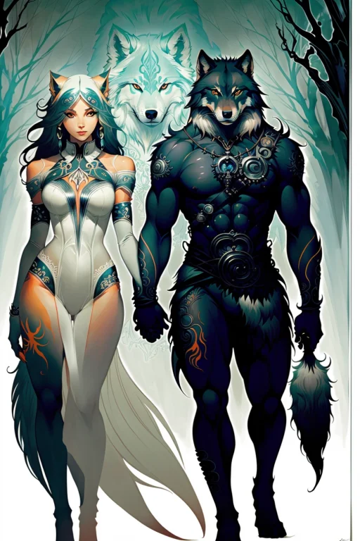 Full Body Portrait Artwork Of A Beautiful Couple Of Anthropo...