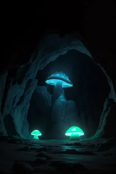 From Behind, Bioluminescent Mushroom Glowing In A Dark Cave,...