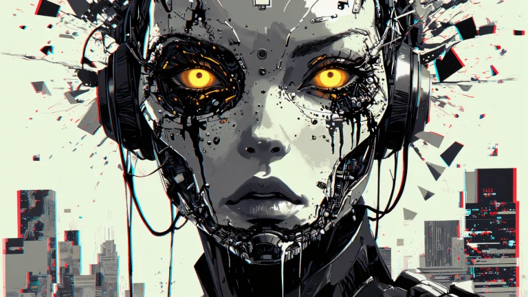 In The Foreground, A Towering Cybernetic Humanoid Stands Wit...