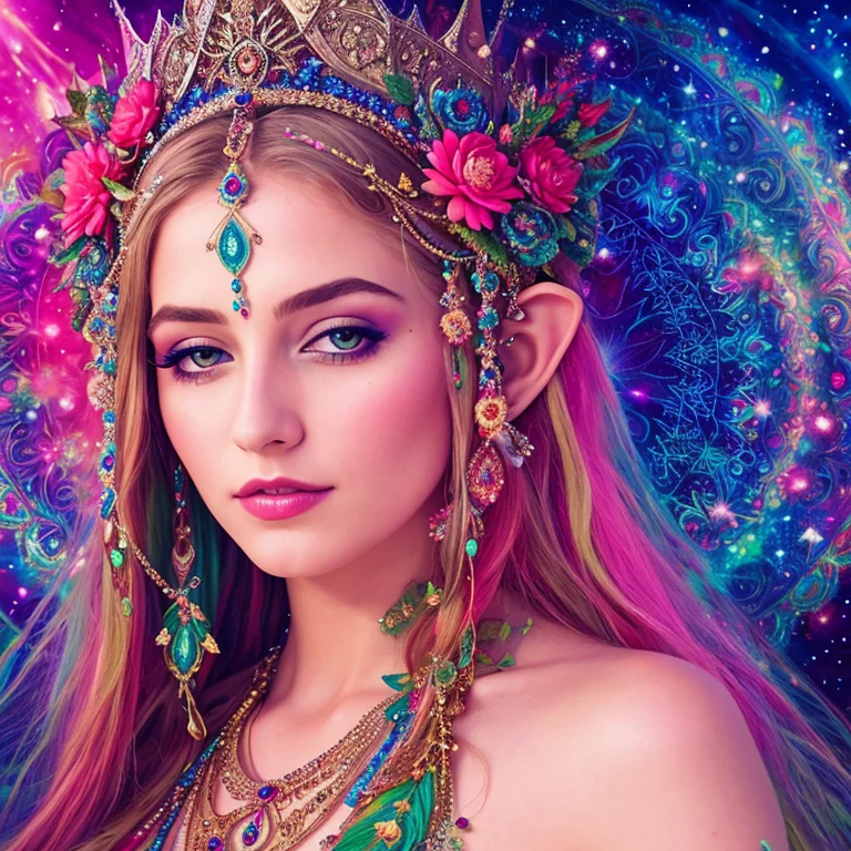 A Psychedelic Dream Vision Of A Beautiful Elf Queen, Long Dr...