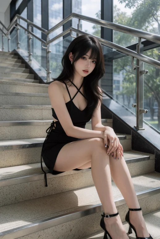 一位年轻女性坐在室内楼梯上，她有着乌黑柔顺的及肩长发，发丝自...