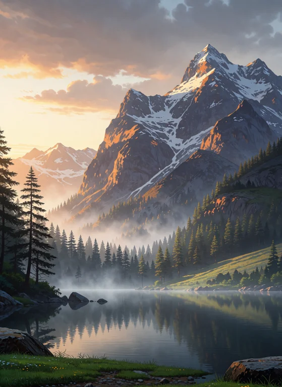 Photograph Of A Serene Mountain Landscape At Sunrise. A Snow...