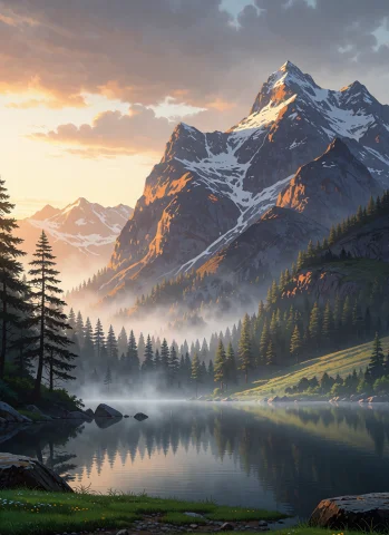 Photograph Of A Serene Mountain Landscape At Sunrise. A Snow... — Stable Diffusion AI Prompt: Photograph of a serene mountain landscape at sunrise. A snow-capped, jagged peak...
