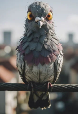 A Pigeon Characteristic Creature Style, Perched On An Overhe... — Stable Diffusion AI Prompt: A pigeon characteristic creature style, perched on an overhead electrical cable...