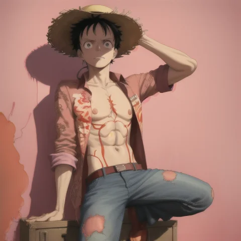 Wanostyle, Monkeydluffy Wearing A Straw Hat And Open Red But... — Stable Diffusion AI Prompt: wanostyle, monkey_d_luffy wearing a straw hat and open red button up shirt, by g...