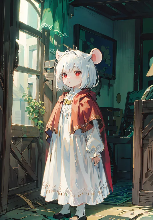 Red Eyeshowlbgs, City, 1girl, Child1.1, White Dress, Red Cap...