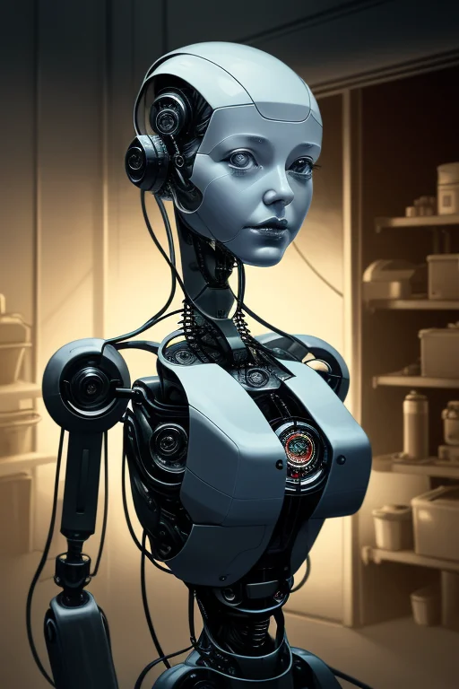 A Portrait Of Robot Woman In Garage At Night, Sciencefiction