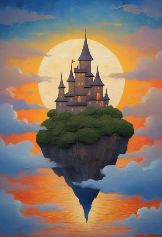 A Floating Castle Adrift Above A Sea Of Clouds, Impasto Text...