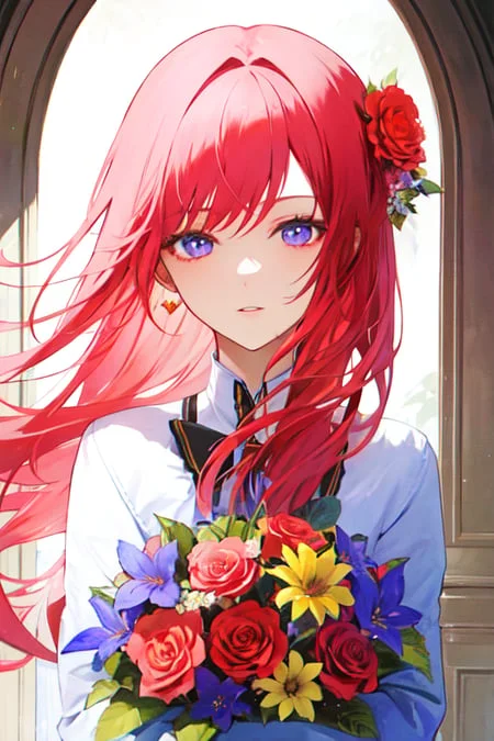1girl, Solo, Flowers, Long Hair, Pink Flowers In The Backgro...