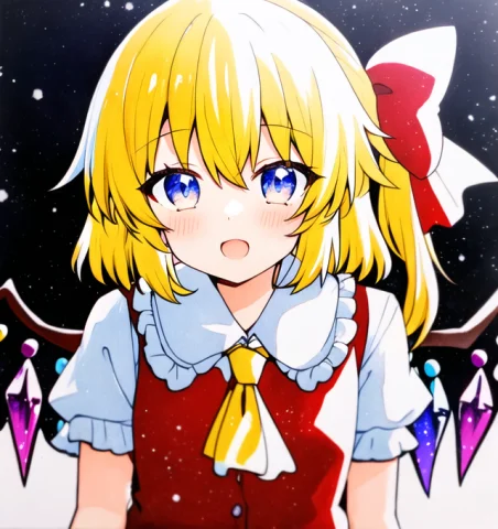 Flandre Scarlet, Hypernetqqqrinkappp0.775, Starryskyprint, S... — Stable Diffusion AI Prompt: flandre scarlet, , starry_sky_print, starry_sky, (traditional_media:1.2), (light...