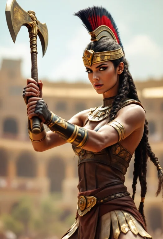 Fit Egyptian Women, With Long Braided Hair, Gladiator In Egy...