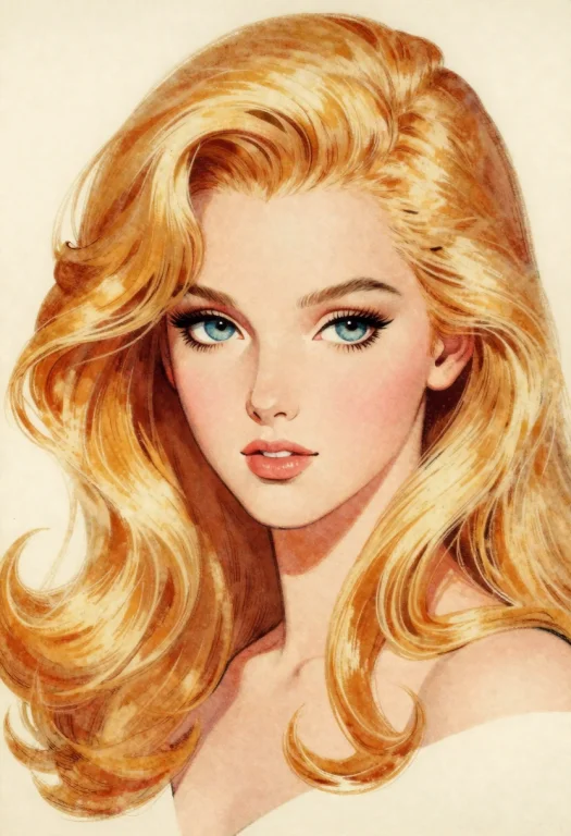 Semi-realistic Painted Anime Illustration, Vintage Mid-centu...