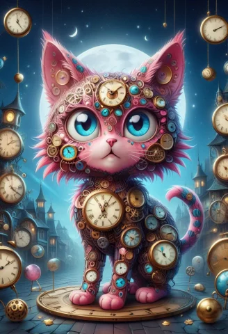 All Made Of Clock, Clockstyle, Cute Pink And Blue Cat, Styli... — SDXL AI Prompt: All made of Clock, Clock_Style, cute pink and blue cat, stylized world, big eyes...