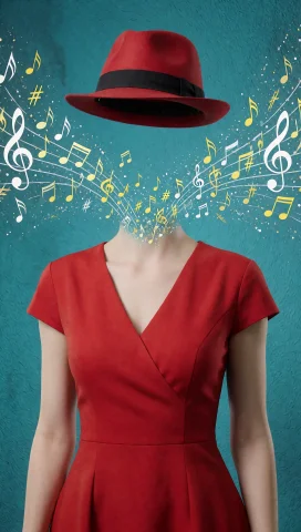 A Woman In A Red V-neck Dress With Short Sleeves Stands Agai... — Stable Diffusion AI Prompt: A woman in a red V-neck dress with short sleeves stands against a textured teal...