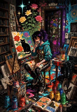 Anime Illustration, Vertical Portrait, High-angle Camera Loo... — Stable Diffusion AI Prompt: anime illustration, vertical portrait, high-angle camera looking down into the r...