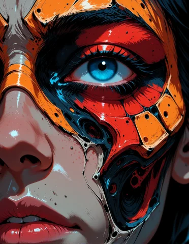 A Close View Of A Face Centered On One Vivid Blue Eye And Pa... — Stable Diffusion AI Prompt: A close view of a face centered on one vivid blue eye and part of the lips. Laye...
