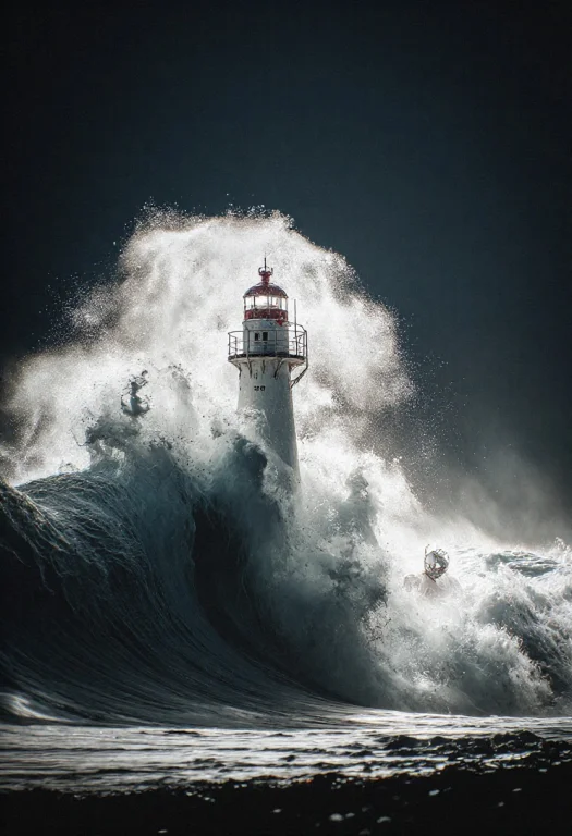 Huge Waves On Acrashing Onto A Lighthouse Set On A Cliff, Ba...
