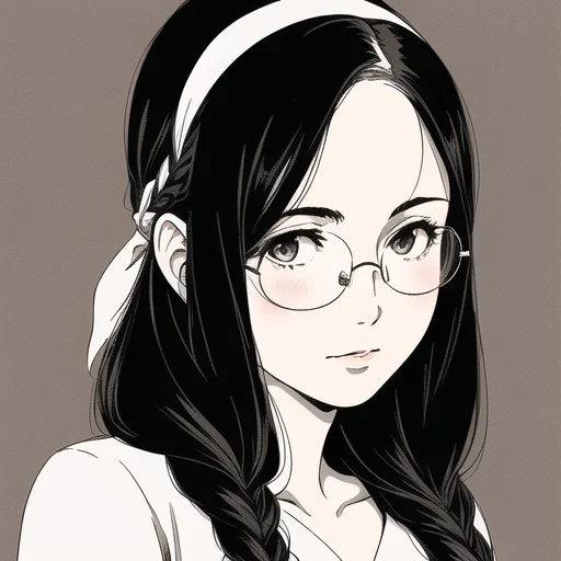A Girl, Rounded Glasses, Middle Widows Peak, Black Haired, L...