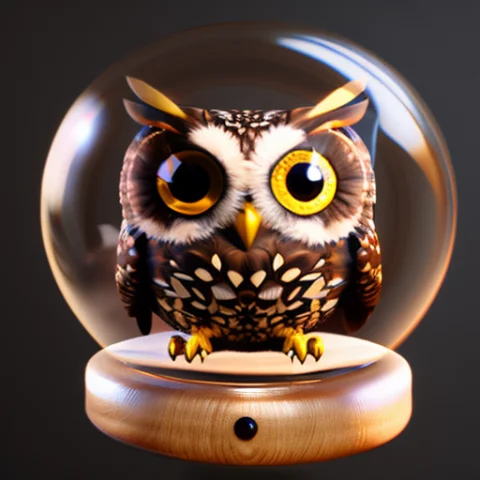 A Little Owl Inside In The Center Of A Glass Globe With Smal... — Stable Diffusion AI Prompt: (a little owl inside in the center of a glass globe with small wooden base: 1.9)...