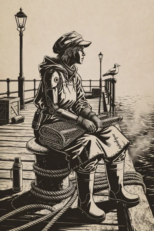 Da0klfe, Black And White Woodcut-style Illustration, Cyborg...