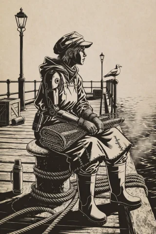 Da0klfe, Black And White Woodcut-style Illustration, Cyborg... — Stable Diffusion AI Prompt: da0klfe, black and white woodcut-style illustration, cyborg fisherwoman sitting...
