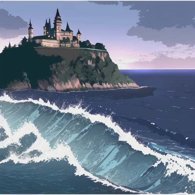An Abandoned Dark Hilltop Castle In The Middle Of The Ocean,...