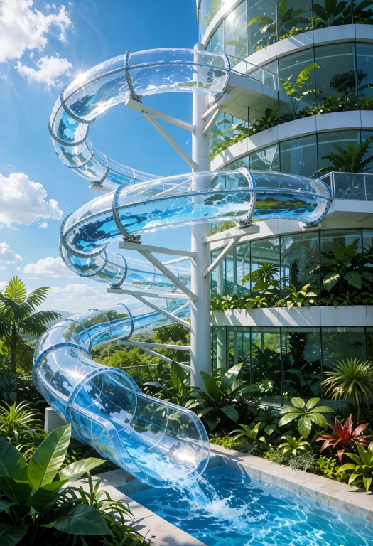 Frutiger Aero, A Crystal-clear Water Slide Spiraling Around...