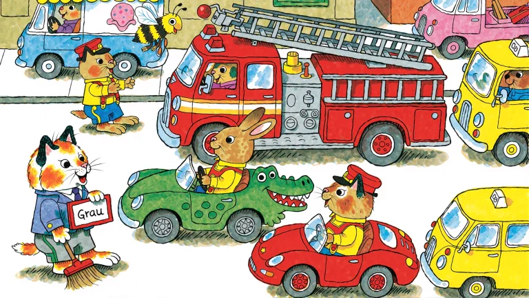 A Bustling City Street Scene By Richard Scarry Featuring Ant...
