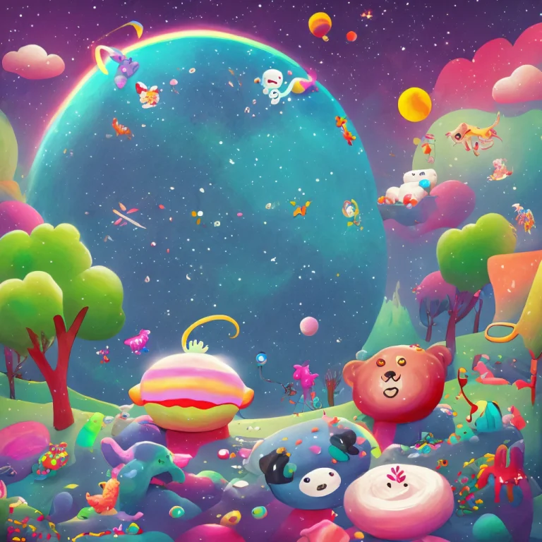 A Wonderful Happy Dream Planet With Rainbows And Marshmallow...
