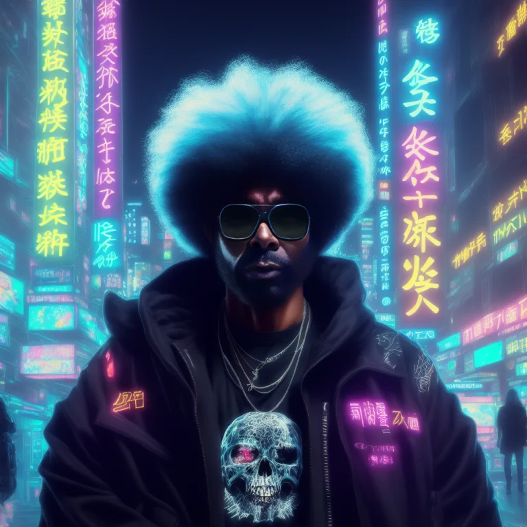 Realistic Black Afro Man In A Black Coat Cyberpunk In A Japa...