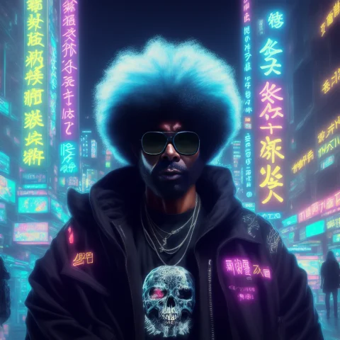Realistic Black Afro Man In A Black Coat Cyberpunk In A Japa... — Stable Diffusion AI Prompt: realistic black afro man in a black coat cyberpunk in a japanese neon city, beau...