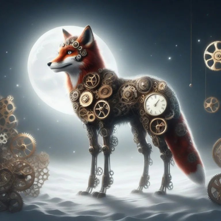 Gears, Clockwork, Steampunk Aesthetic, Red Fox Standing Alon...