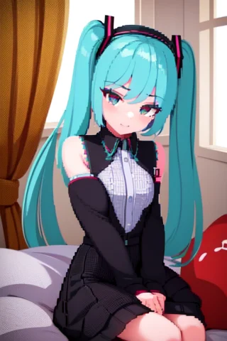 1girl, Solo, Sitting, Bed, Indoors, Hatsune Miku — Stable Diffusion AI Prompt: 1girl, solo, sitting, bed, indoors, hatsune miku