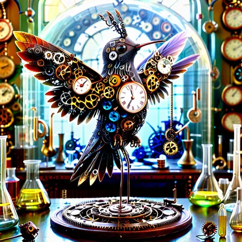 A Hyper-detailed Macro Photograph Of An Intricate Mechanical... — SDXL AI Prompt: A hyper-detailed macro photograph of an intricate mechanical clockwork hummingbi...