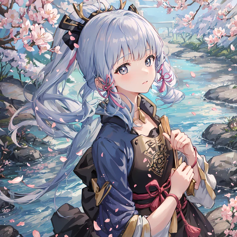 Kamisatoayaka, 1girl, Cherry Blossom, Petals, Flowers, Facin...