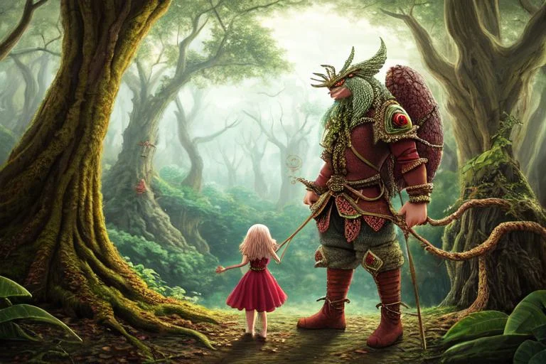 Fantasy Style, Little Girl In Forest With Alive Teddy Bear S...