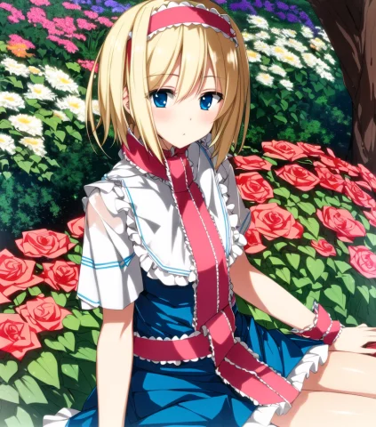 Alice Margatroid, Sitting, Garden, 1girl, Solo, Hypernetsaza... — Stable Diffusion AI Prompt: alice margatroid, sitting, garden, 1girl, solo, 