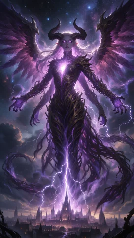 A Towering, Multi-limbed Demonic-woman Entity With Glowing P... — Stable Diffusion AI Prompt: A towering, multi-limbed demonic-woman entity with glowing purple eyes, sharp ho...