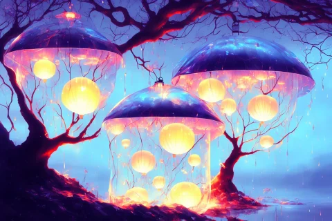 Spirits Among Branches Lanterns Jellyfish And Rain By Kuvshi... — Stable Diffusion AI Prompt: spirits among branches lanterns jellyfish and rain by Kuvshinov, samdoesart, dre...